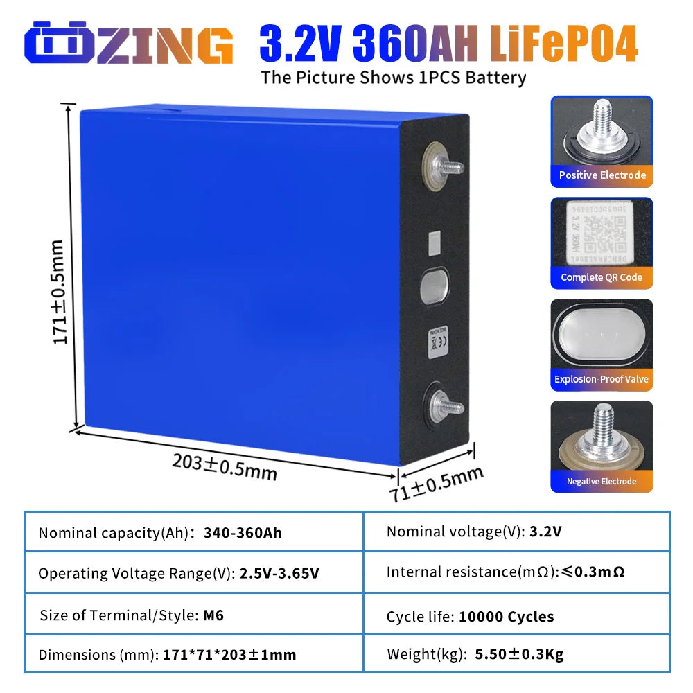 Magazzino UE 360Ah LiFePO4 Batteria 3.2V agli ioni di litio LFP Akku Cell FAI DA TE RV Barca Nave Carrelli da golf Energia solare Sistema di accumulo di energia domestica