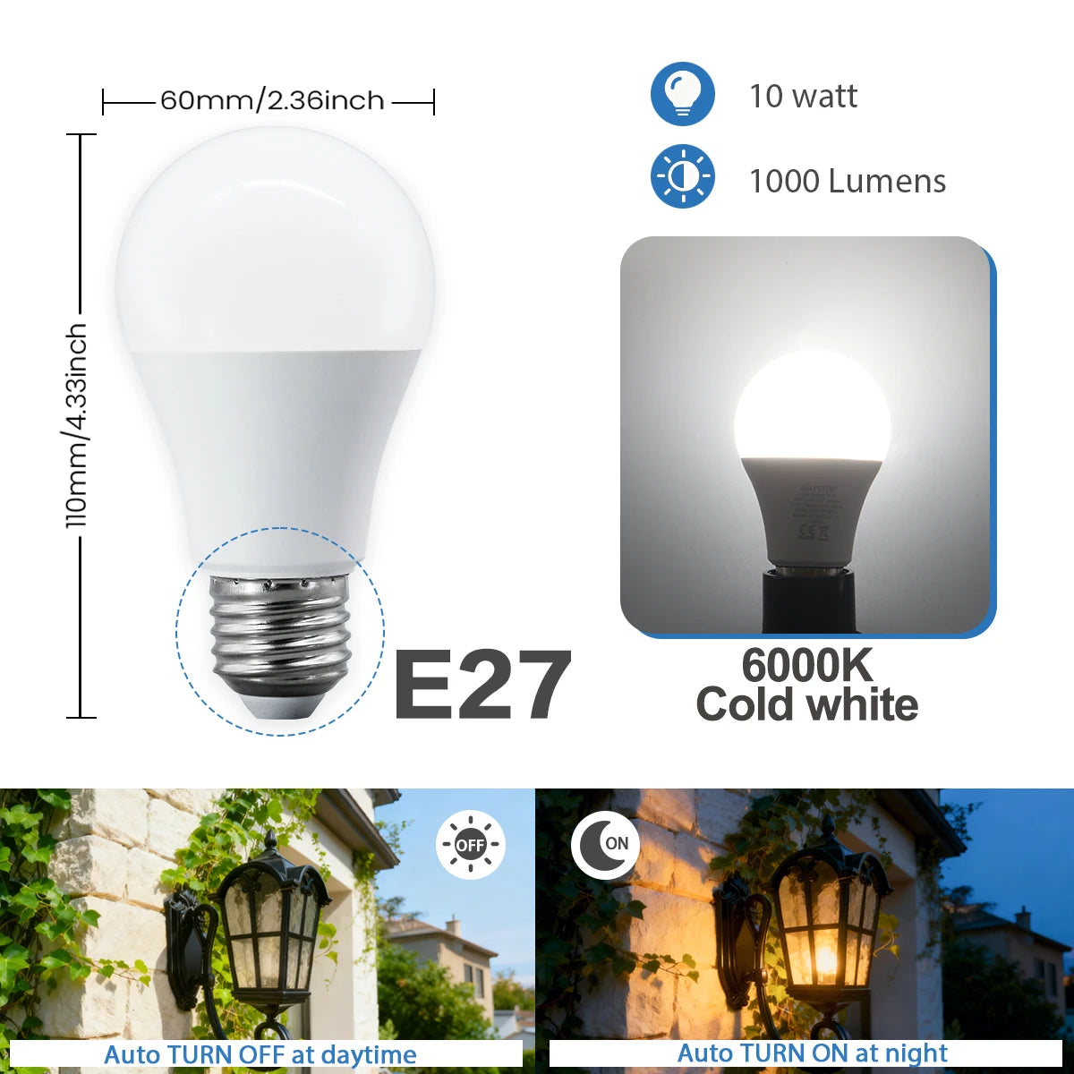 Confezione da 2 Lampadine LED Intelligenti con Sensore E27 B22, Luce Bianca dal Tramonto all'Alba, AC100-240V 1000LM 10W per Portico, Corridoio, Esterni, Garage