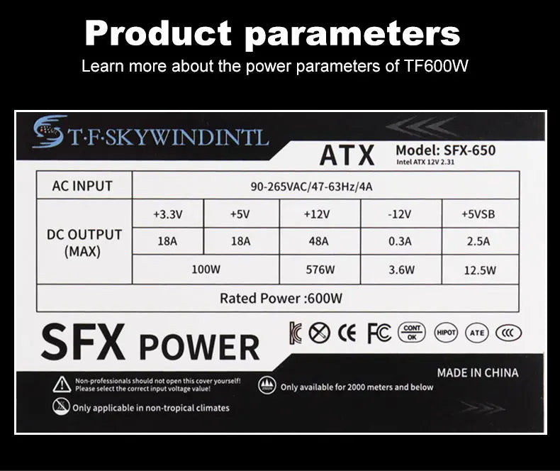Alimentatore SFX completamente modulare da 600W, design compatto per case Mini-ITX SFF, ventola silenziosa da 90mm, tensione ampia 90-265V, per sistemi PC gaming compatti.