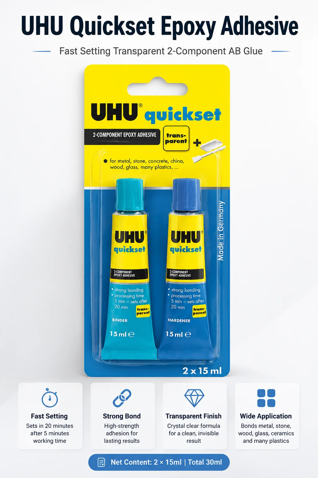 Adesivo Epossidico UHU Quickset 30ml Trasparente Colla Bicomponente AB ad Asciugatura Rapida per Riparazioni di Metallo, Ceramica, Vetro e Plastica