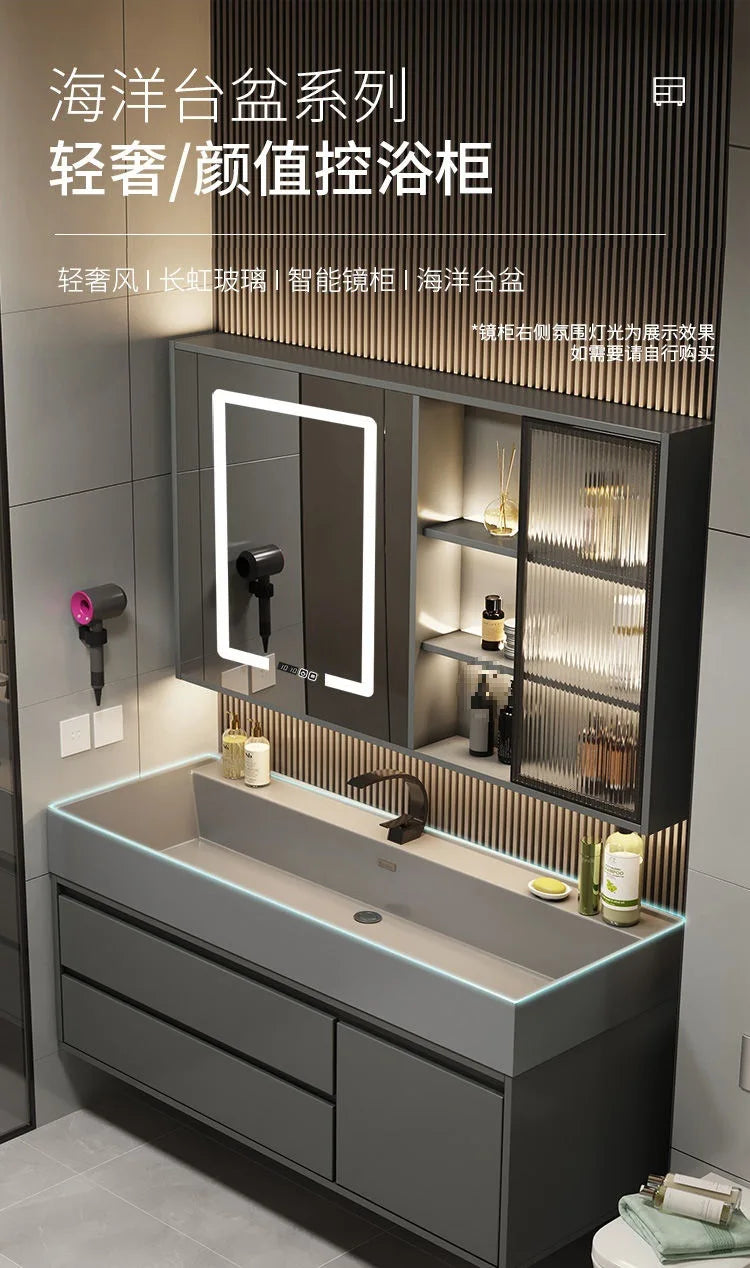 Combinazione di mobile lavabo e specchio da bagno in nano-roccia di lusso leggero