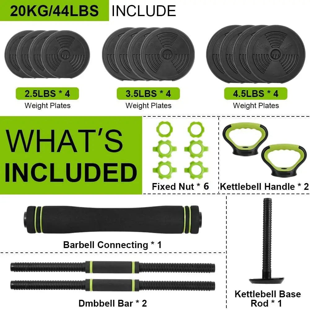 Set di manubri regolabili, set di pesi liberi da 30/44 libbre utilizzato come manubri, bilanciere, kettlebell e push-up, per esercizi fitness in palestra a casa