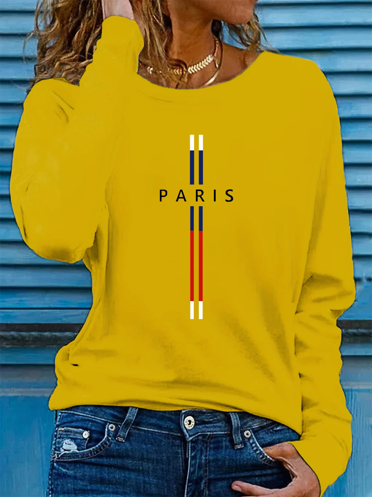 T-shirt da donna in 100% puro cotone, ideale per la primavera e l’autunno, comoda, casual, a maniche lunghe, con stampa grafica a tema parigino e scollo rotondo.