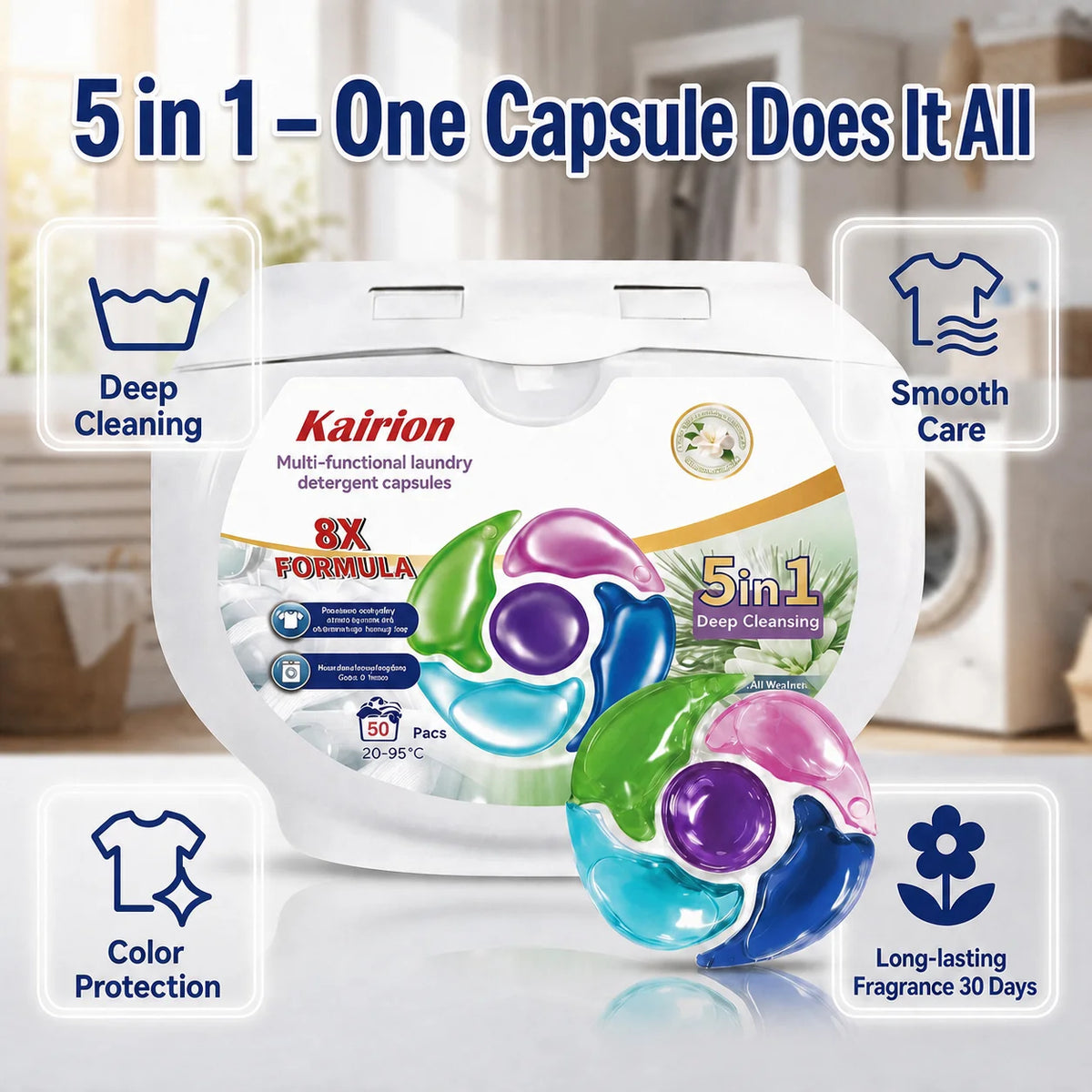 50 capsule di detersivo per bucato con funzione 5 in 1 per pulire e ammorbidire i tessuti