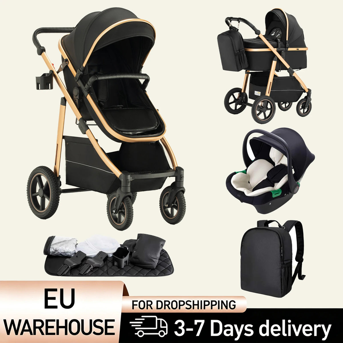 Passeggino 3 in 1 High Landscape per Neonati, Carrozzina Pieghevole Portatile di Lusso con Seggiolino Auto e Navicella da Viaggio