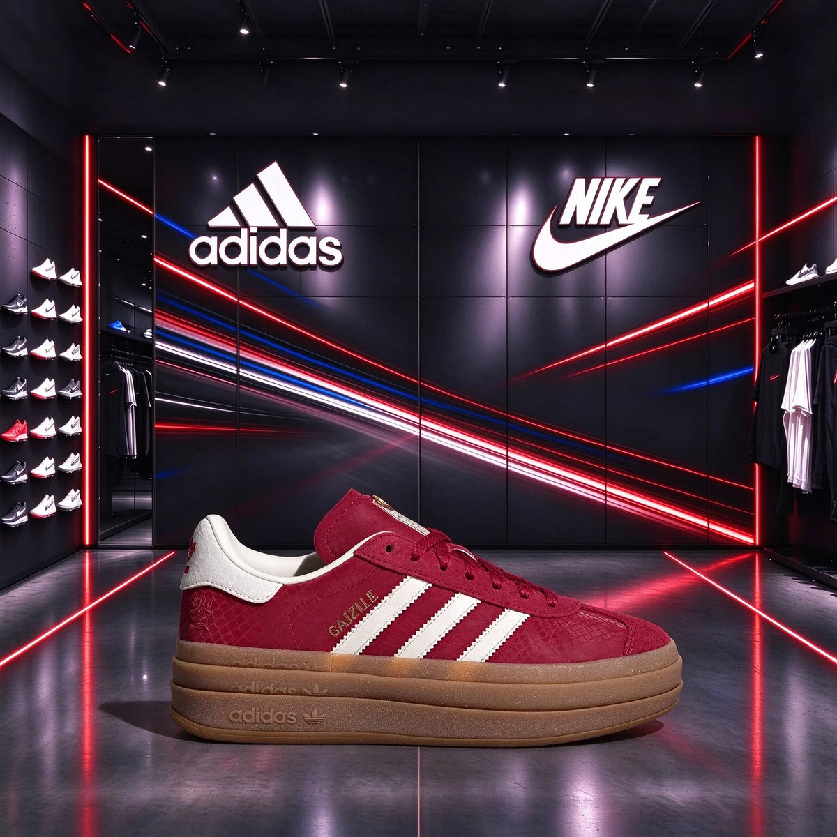 Sneakers Adidas Edizione Capodanno, stampa serpente color rosso vino con triple strisce bianche, scarpe con plateau JQ5977
