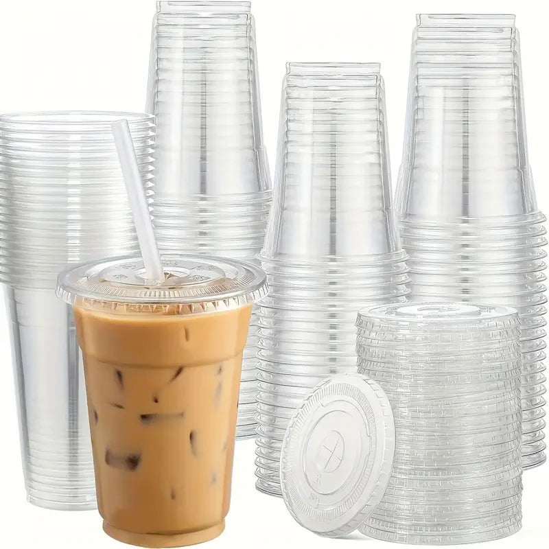 100 Bicchieri in Plastica Trasparente con Coperchi da 350ml, Contenitori Monouso per Bevande Fredde, Bubble Tea, Caffè Ghiacciato, Succhi, Frullati, Forniture per Feste