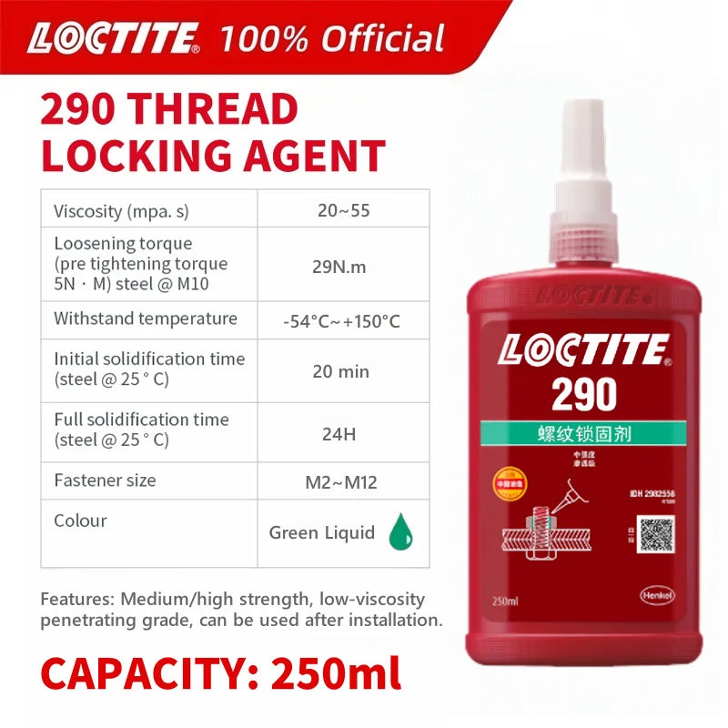 100% originale Loctite 290 Frenafiletti Vite Colla Verde Grado traspirante Colla anaerobica liquida Fissatore per viti 50ml/250ml