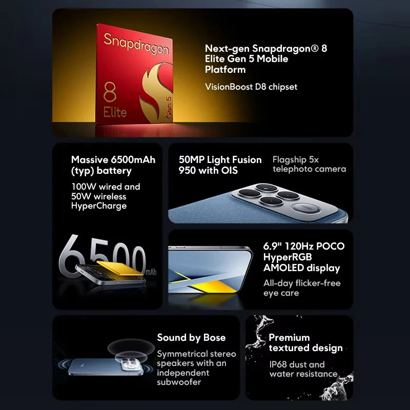 POCO F8 Ultra Snapdragon 8 Elite Gen 5 6500mAh 6.9" 120Hz Display AMOLED POCO Hyper RGB con supporto NFC Smartphone