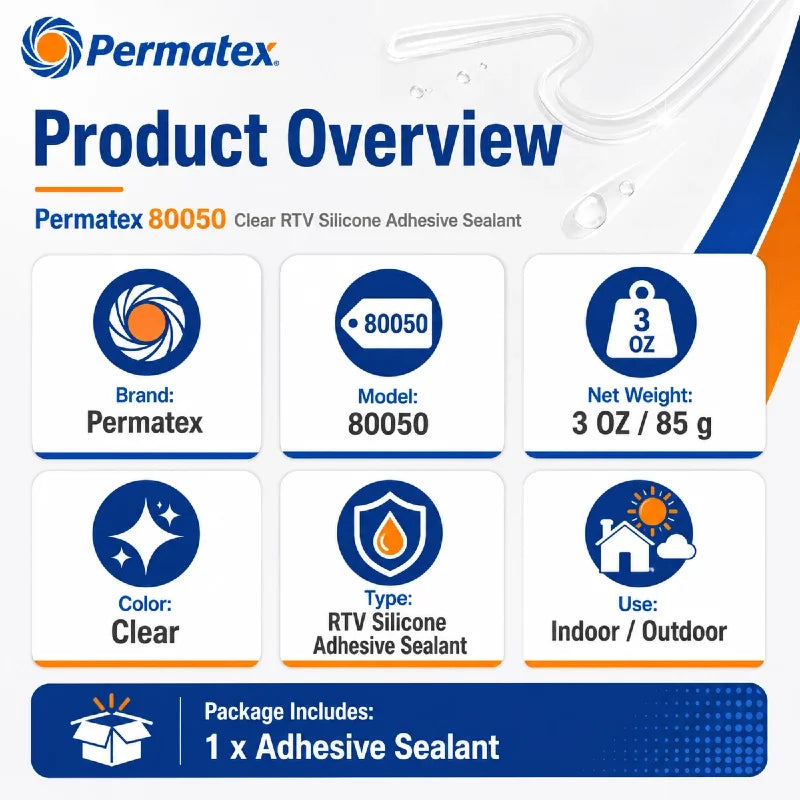 Permatex 80050 Adesivo Sigillante Siliconico RTV Trasparente 3oz Colla Flessibile Impermeabile per Vetro Metallo Plastica Vinile