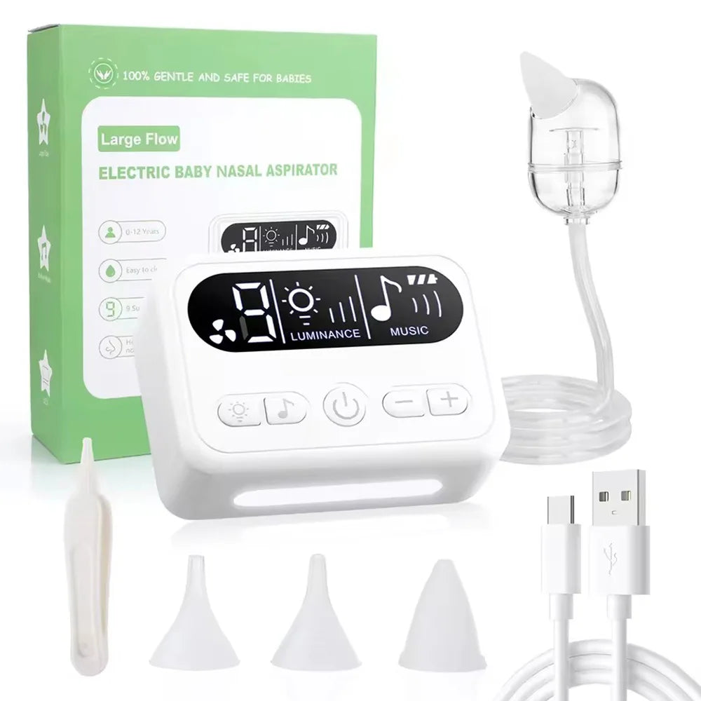 Aspiratore Nasale Elettrico per Neonati di Alta Qualità, Comodo Aspiratore per Muco con 3 Ugelli, Silenzioso, Display LCD e Musica Integrata