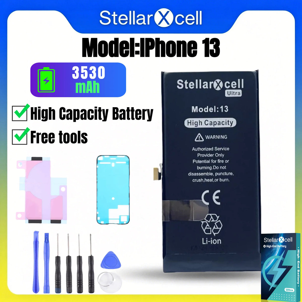 Batteria StellarXcell Ultra per iPhone, Spedita dalla Germania, per iPhone 13 13Pro 13mini 13Promax, Batteria ad alta capacità, Batteria di alta qualità, Batteria di ricambio per iPhone con strumenti gratuiti, 0 cicli, Most