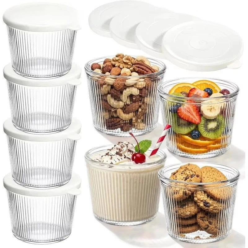 Set di 4/6 Piccole Ciotole in Vetro con Coperchio, Contenitori Impilabili in Vetro Trasparente a Righe per Dessert, Budini, Salse, Salse Piccanti, Noci, Avena, Caramelle, Dolciumi