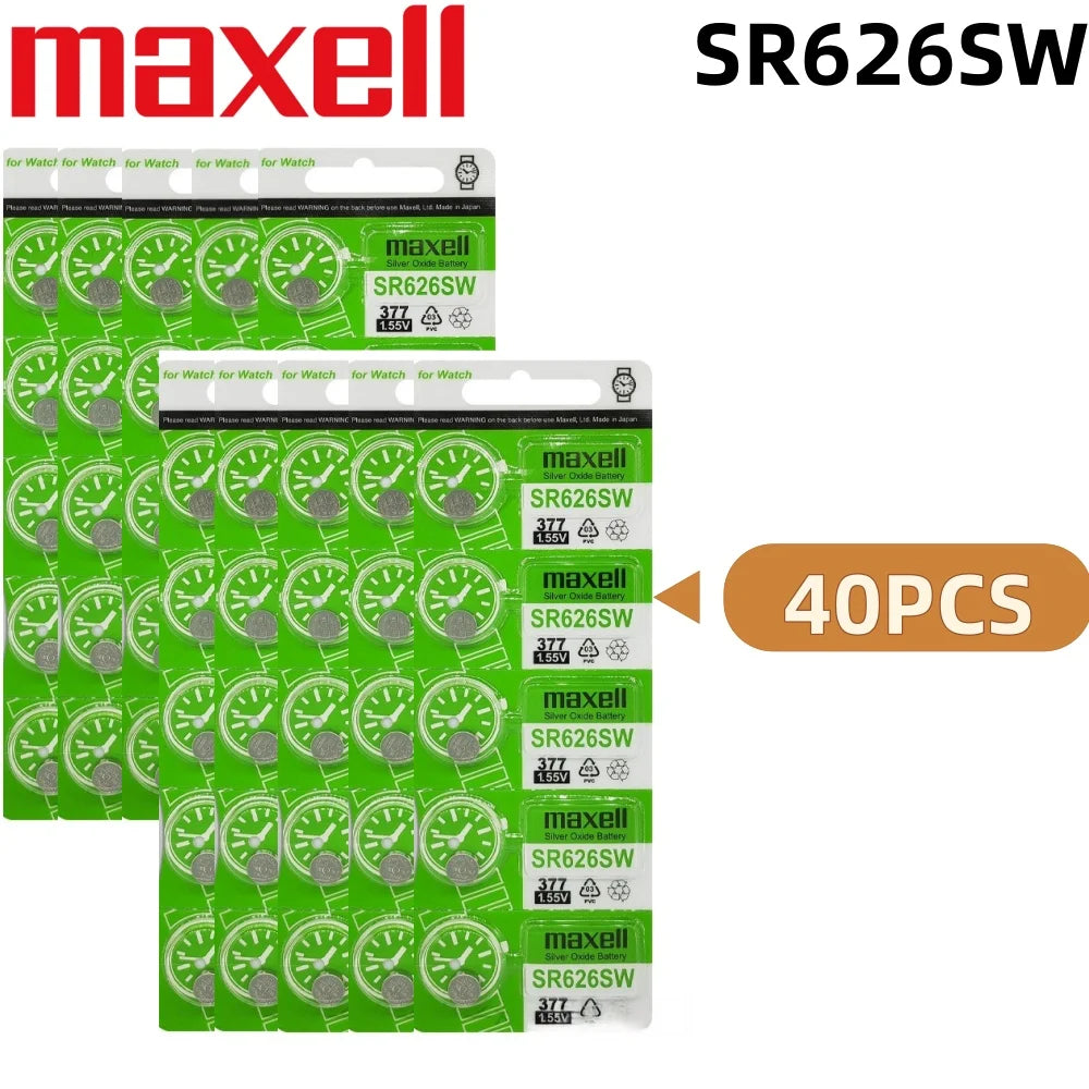 Batteria per orologi Maxell SR626SW, a ossido d'argento, modello 377 AG4, 1,55 V, senza mercurio, a bottone, per orologi da polso.