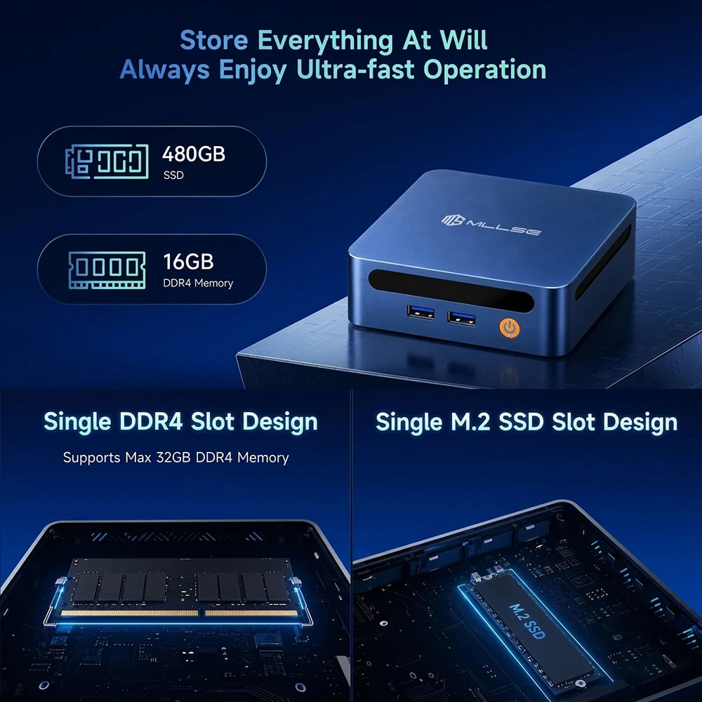 MLLSE M4 Pro Mini PC con Processore Intel Core I7-8665U, 16GB RAM DDR4, 480GB SSD, WiFi 5, BT 4.2, Win11, Mini Computer Desktop