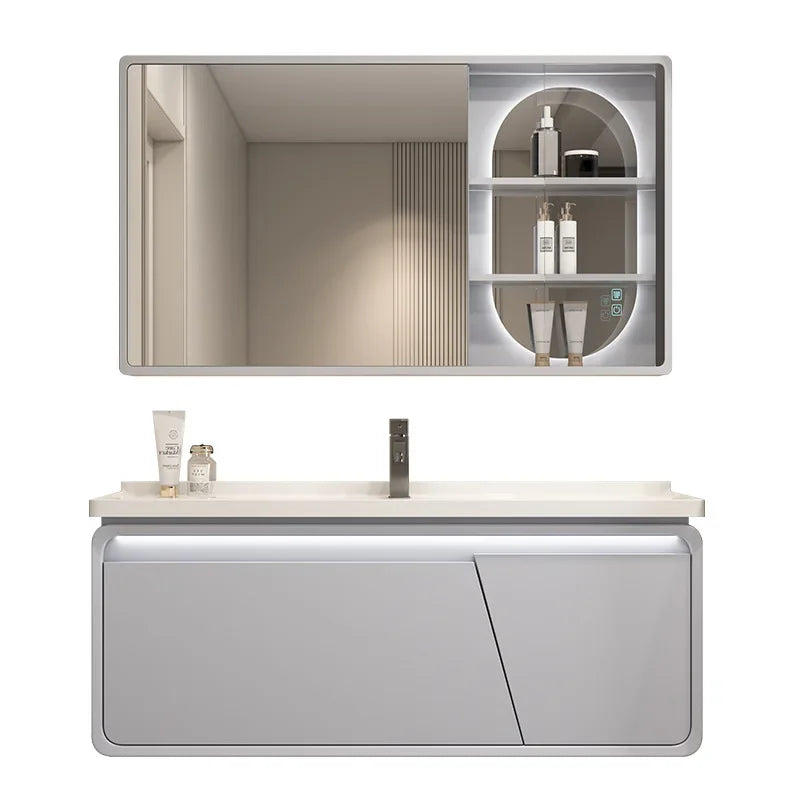 Mobile Bagno Moderno Intelligente con Lavabo Integrato in Ceramica, Armadietti in Rovere, Specchio LED e Mobiletto - Arredamento Bagno
