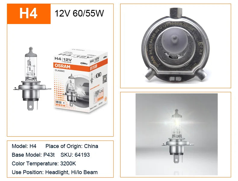 OSRAM H1 H4 H3 H7 HB2 9003 CLASSIC Auto Faro Alogeno Lampade Standard 3200K Luce Bianca Originale 12V 55W Lampadine ECE (10 PZ)