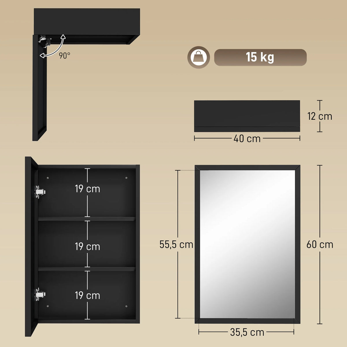Armadietto Kleankin con specchio per bagno, armadietto a muro Ice Wall con 1 anta e 2 ripiani in acciaio 40x12x60 cm nero