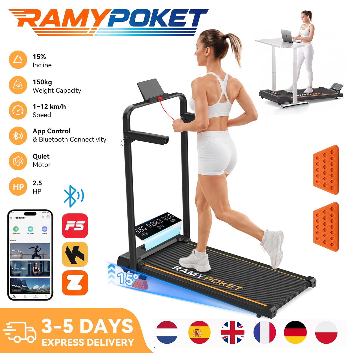 Ramypoket Tapis Roulant Pieghevole con Inclinazione 15%, Tapis Roulant 12Km/H, App/LED, Tapis Roulant da Ufficio, Carico Massimo 150kg
