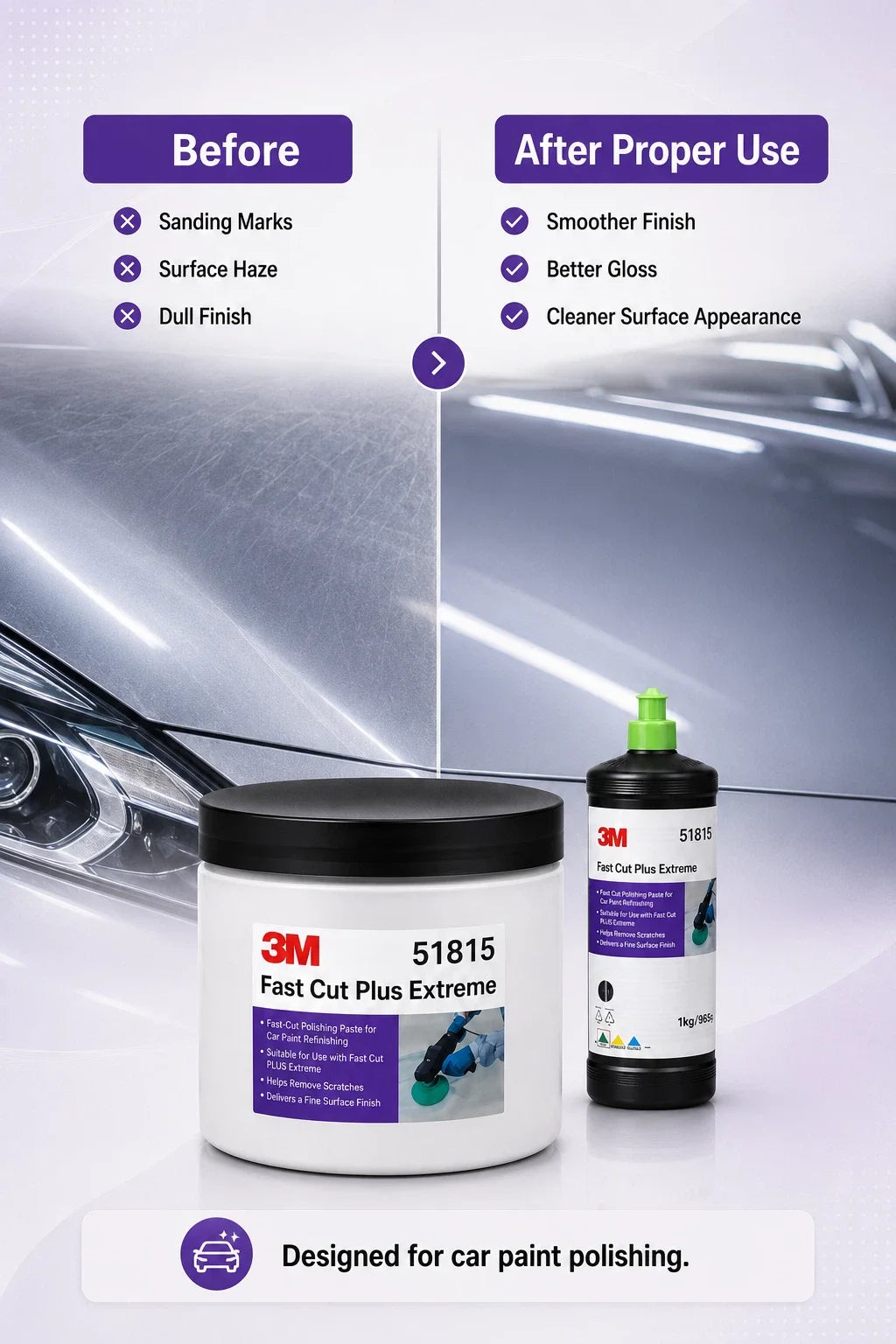 Composto Professionale 3M 51815 Fast Cut Plus Extreme per Lucidatura e Rimozione Graffi Vernice Auto, Confezione da 100g