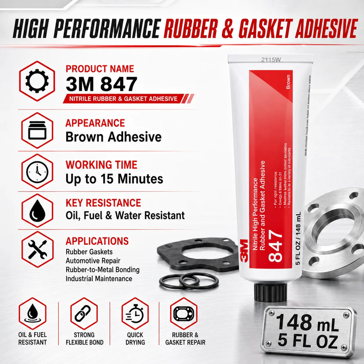 Adesivo Professionale 3M 847 per Gomma Nitrilica e Guarnizioni, Resistente a Olio e Carburante, Colla Flessibile per Riparazioni Automobilistiche