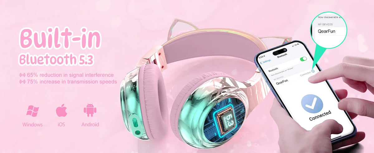 Cuffie wireless a forma di orecchie di gatto per ragazze e bambini, cuffie Bluetooth con volume sicuro 74/85/94dB, cuffie pieghevoli per bambini, ideali per i viaggi
