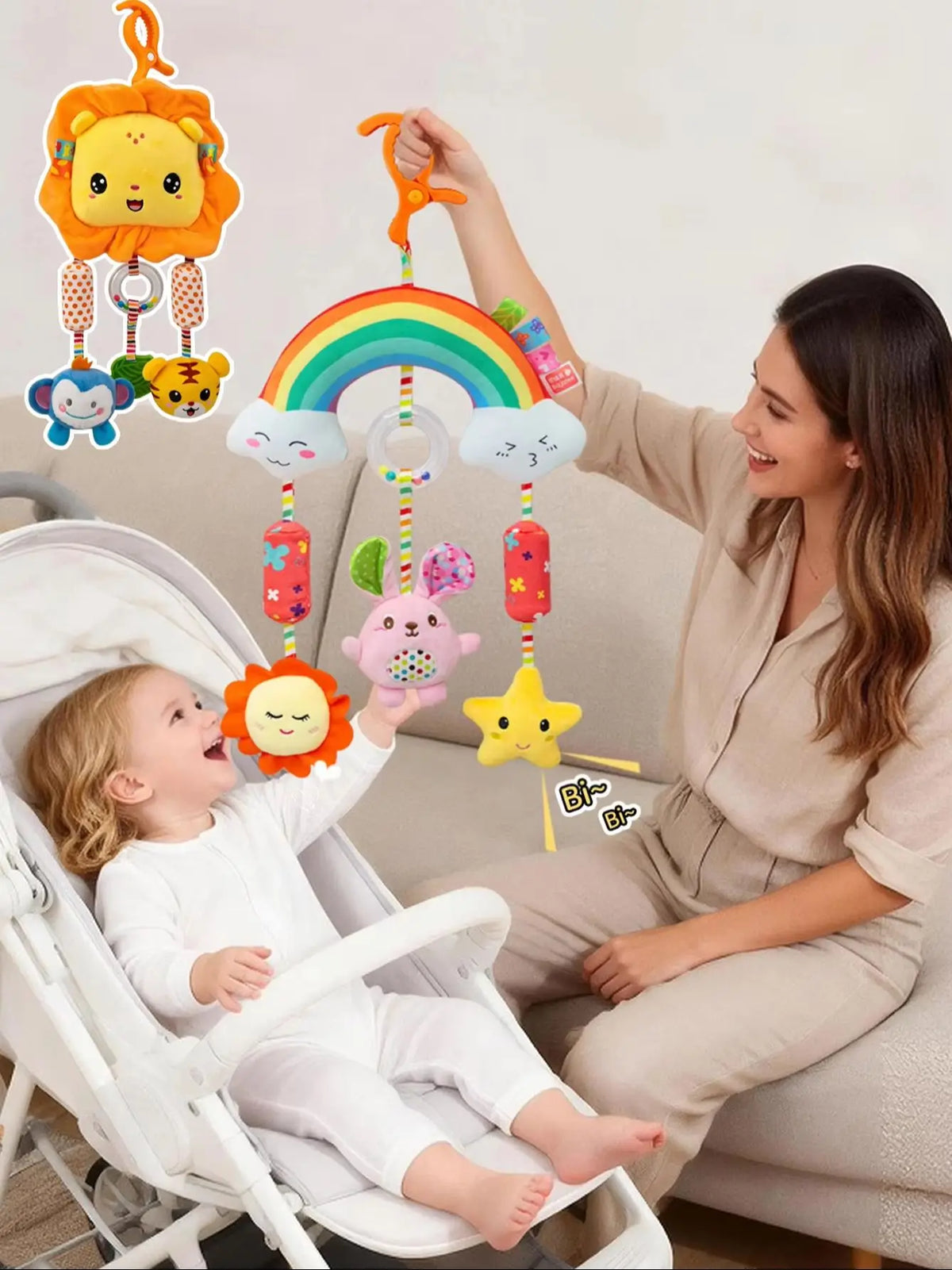 Giocattolo di Peluche per Neonati con Sonaglio e Sottoposto a Pressione per lo Sviluppo Multi-Sensoriale del Bambino 0-12 Mesi, Regalo Perfetto per Neonati per Culla e Seggiolino Auto