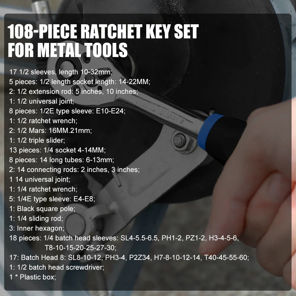 Set di chiavi a cricchetto e bussole da 114 pezzi/100 pezzi, kit di attrezzi per la riparazione di auto, set di chiavi a cricchetto da 1/4" e 1/2", combinazione di chiavi a cricchetto e chiavi dinamometriche, con maschi (M3,