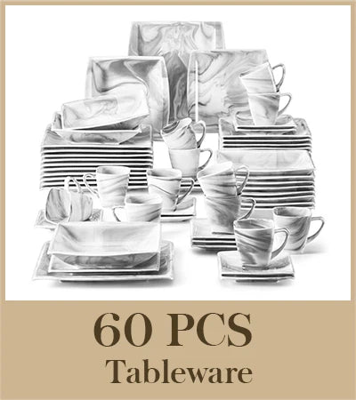MALACASA 30/60 pz marmo grigio porcellana stoviglie Set di stoviglie con 6 pezzi Dessert/zuppa/piatto cena/tazza/piattino, servizio per 12