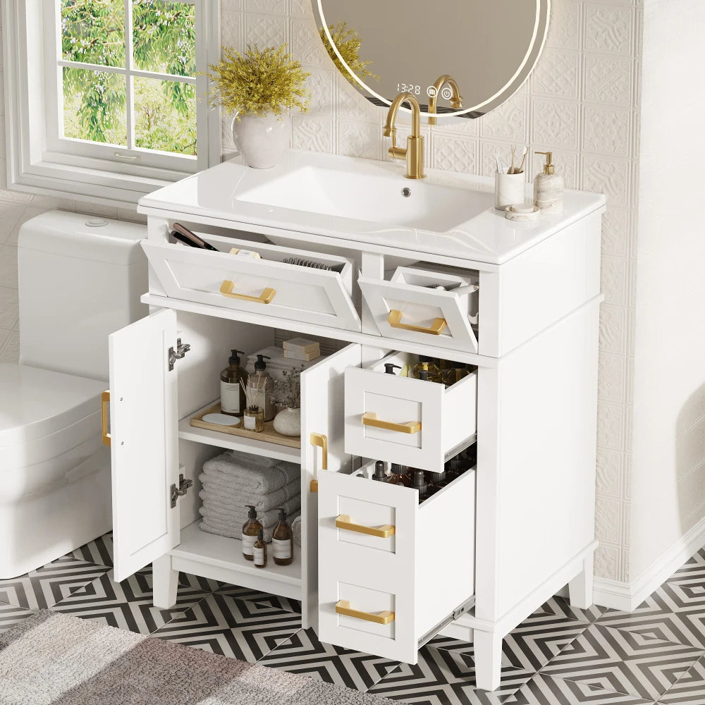 Mobile bagno moderno 76x86x46,5 cm con lavabo in ceramica integrato, mobiletto a cassetti autoportante con ampio spazio contenitivo, dotato di chiusura ammortizzata silenziosa e protezione dal troppo pieno del lavabo, elegant