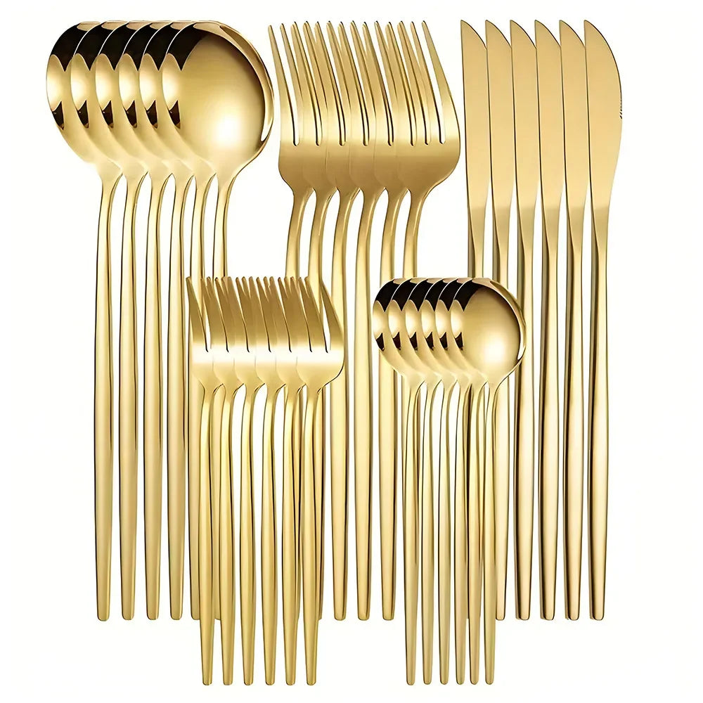 Set di posate dorate da 30 pezzi in acciaio inossidabile, coltelli, forchette, cucchiai, set di stoviglie per banchetti, ristoranti e ospiti