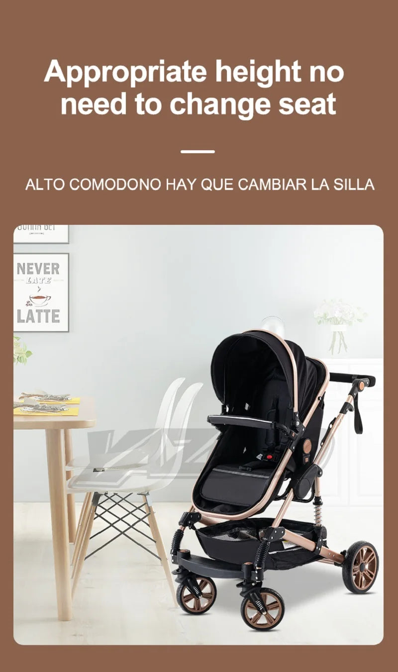 Passeggino 3 in 1 Facile da piegare Telaio in alluminio ad alto paesaggio Passeggino neonato con ruota in gomma per assorbimento degli urti a quattro ruote