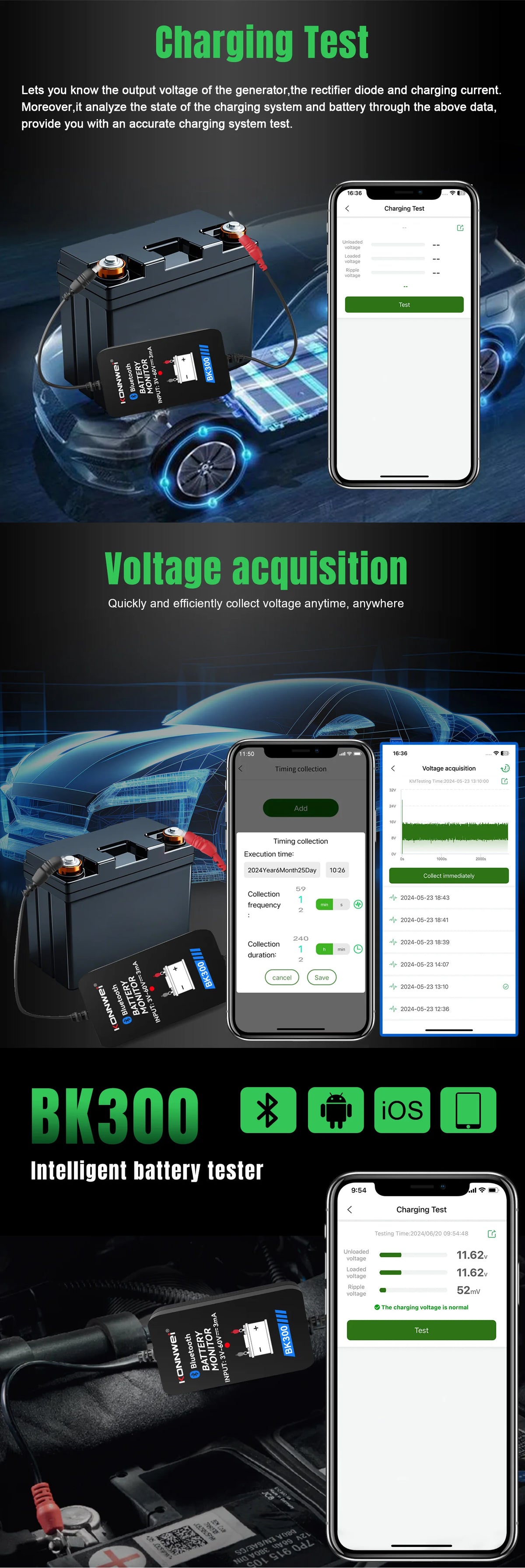 KONNWEI BK300 Tester Bluetooth per Batterie Auto 6V/12V/24V con App Mobile per Auto, Camper, Moto, Camion e Barche