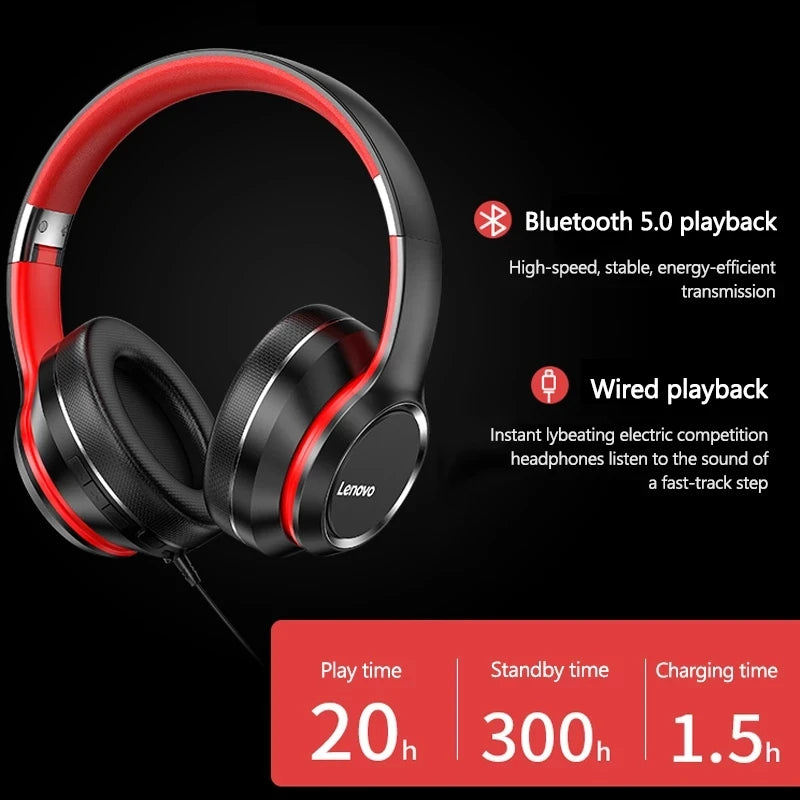Lenovo HD200 Auricolari Bluetooth Over-ear Cuffie wireless pieghevoli per computer Cancellazione del rumore Cuffie da gioco stereo HIFI