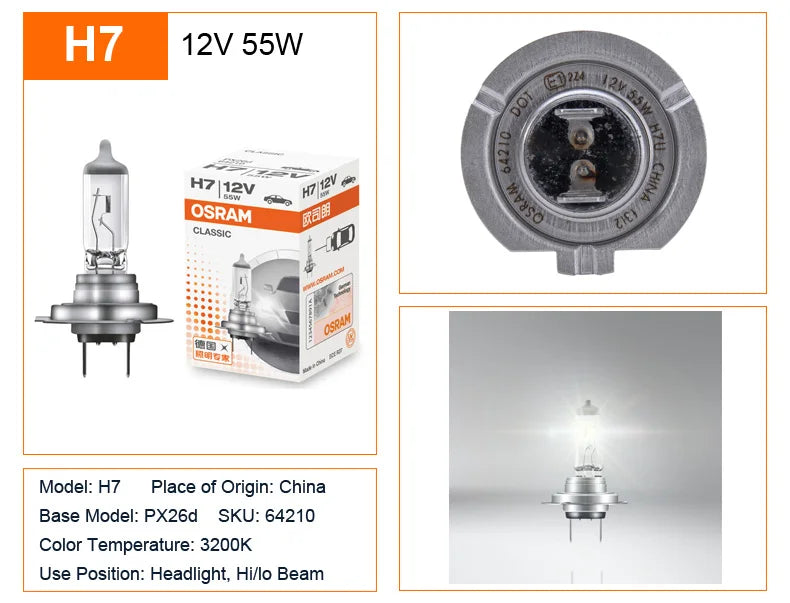 OSRAM H1 H4 H3 H7 HB2 9003 CLASSIC Auto Faro Alogeno Lampade Standard 3200K Luce Bianca Originale 12V 55W Lampadine ECE (10 PZ)