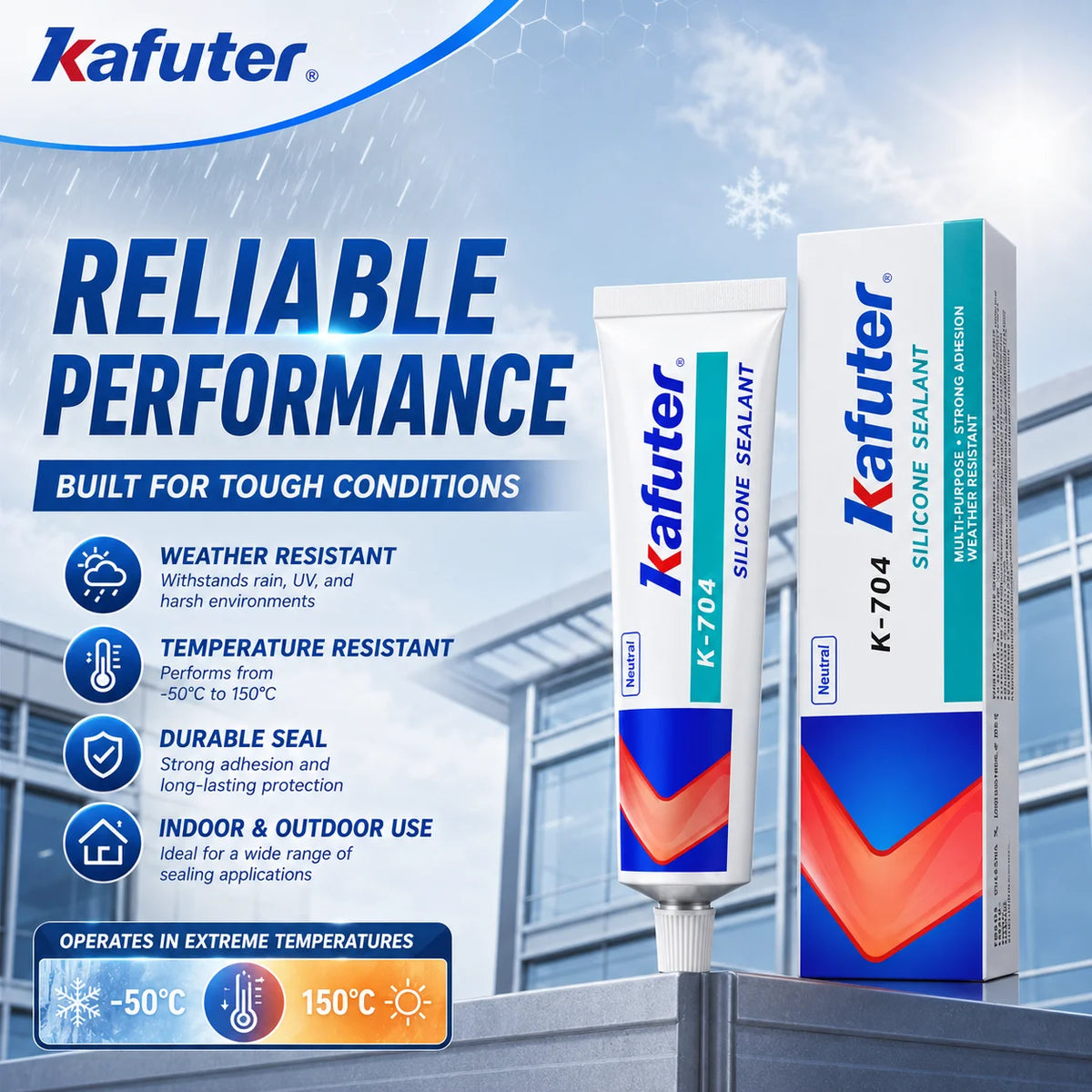 Kafuter K-704 Sigillante Siliconico a Polimerizzazione Neutra, Adesivo Impermeabile RTV per Sigillatura di Vetro, Metallo e Ceramica