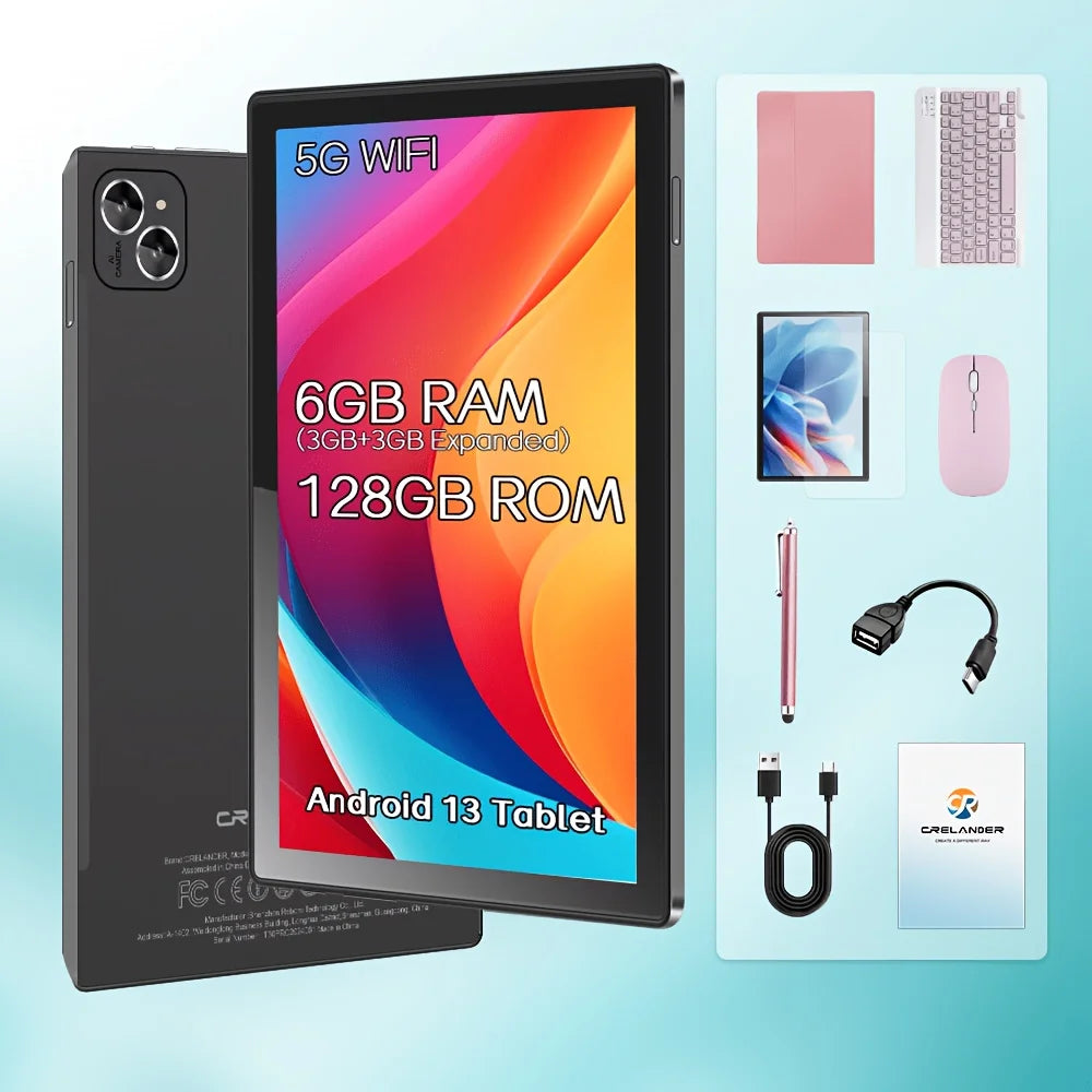 KOOMDIGI T30 PRO Tablet PC 2-in-1 da 10,1 pollici, Android, 6GB RAM, 128GB ROM, 4G LTE, WiFi 2.4G+5G, doppia fotocamera 5MP+13MP con custodia rosa, penna stilo, tastiera e mouse