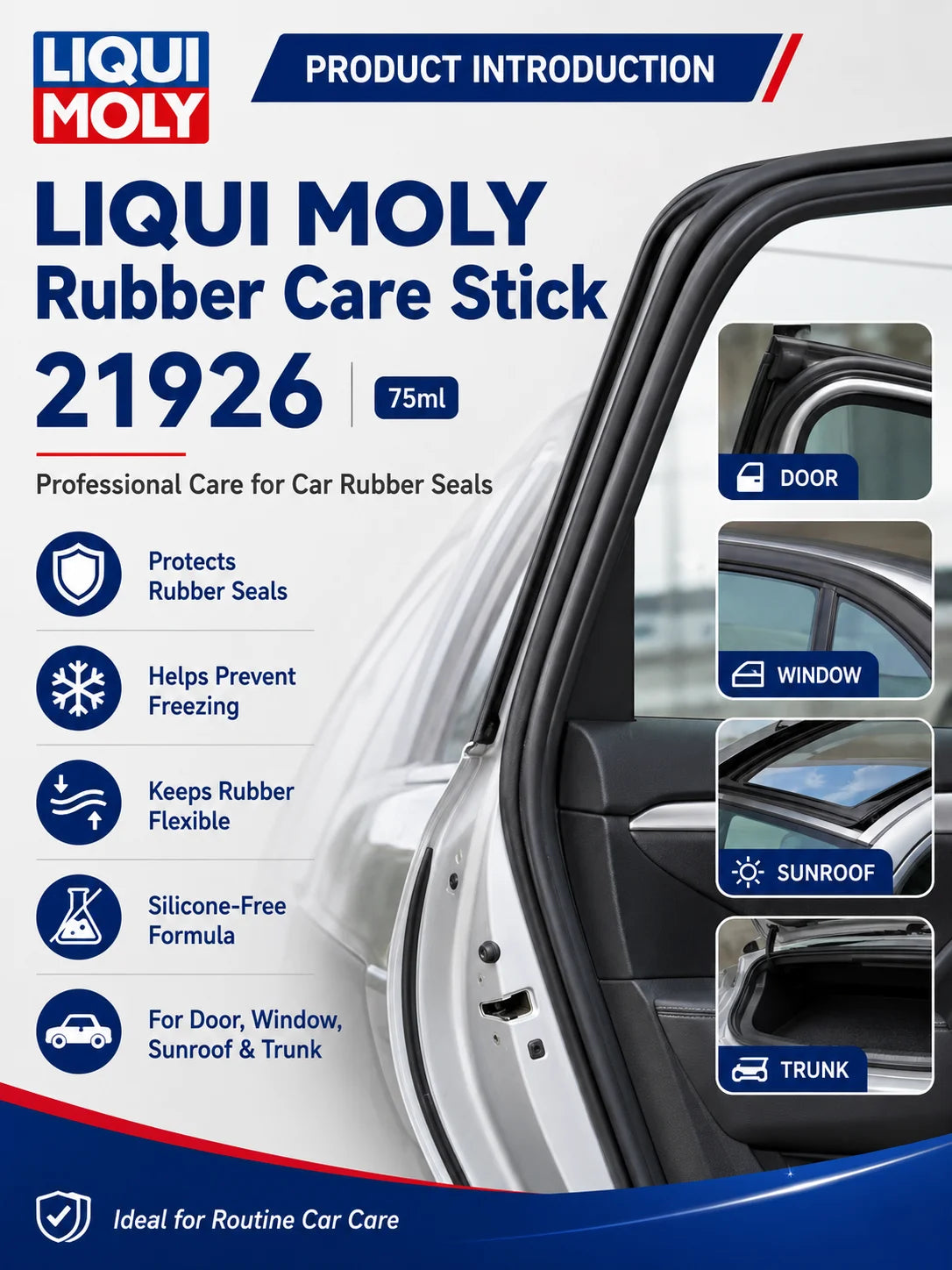 LIQUI MOLY 21926 Stick per la Cura della Gomma 75ml Senza Silicone, Protettore Antigelo per Guarnizioni di Porte, Finestrini e Tettuccio Auto