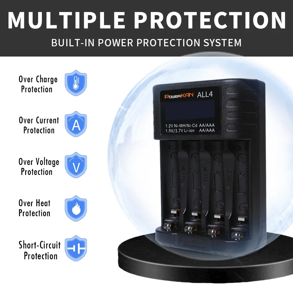 POWERKAN ALL4 AA/AAA Caricabatteria piccolo e conveniente a 4 slot per ioni di litio Hi-MH da 1,2 V e 1,5 V/3,7 V con schermo LCD