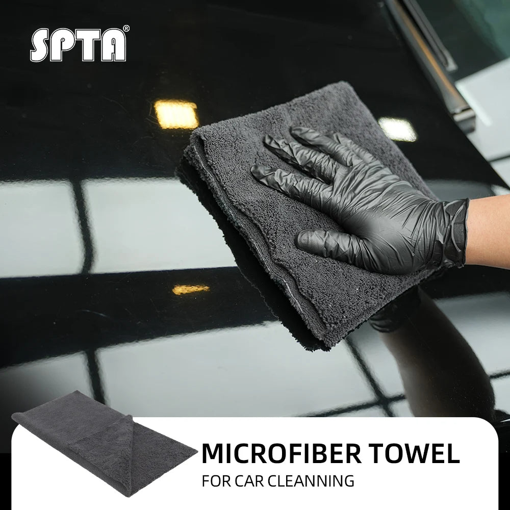 SPTA 1Pc Nero Senza bordi Asciugamano per dettagli automatici 320GSM Panno per pulizia in microfibra a doppio strato per tutti gli usi per autolavaggio