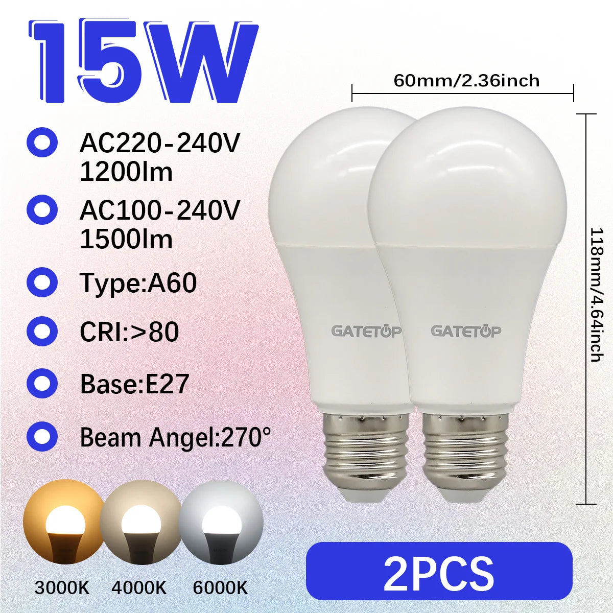 Confezione da 1-10 Lampadine LED 15W 120V 220V 3000K 4000K 6000K Luce Diurna CRI80 Senza Sfarfallio per Illuminazione Domestica Camera da Letto