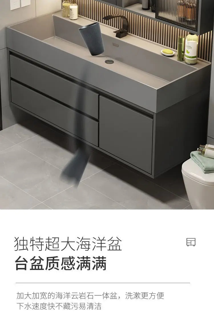 Combinazione di mobile lavabo e specchio da bagno in nano-roccia di lusso leggero