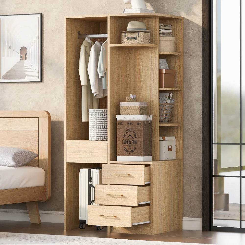 Armadio Moderno Multifunzionale Autoportante, 70 × 55 × 175 Cm, Mobile per la Conservazione dei Vestiti con Finitura in Legno di Alta Qualità, Scomparti di Stoccaggio a Più Livelli Integrati e Ampio Appendiabiti, Pratico