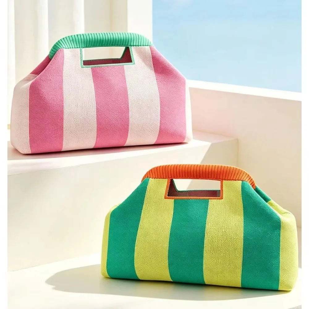 Nuova borsa intrecciata traforata a righe, borsa a mano in maglia, versatile borsa portatile per cosmetici