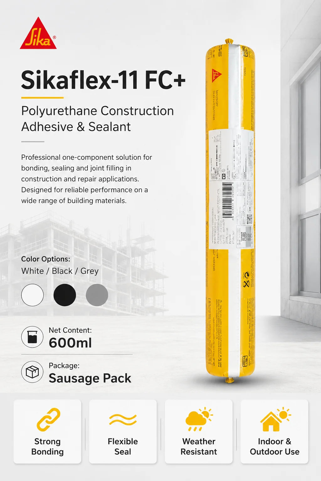 Sikaflex 11 FC+ Sigillante Adesivo Poliuretanico 600ml Bianco Nero Grigio Impermeabile Flessibile per Riparazioni Edili