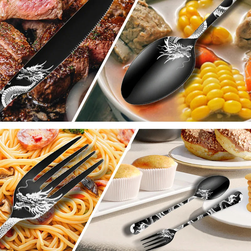 Set di posate in acciaio inossidabile con incisione laser Rose Cat, 4/15/25/40 pezzi, coltello, forchetta, cucchiaio, per coppie, stoviglie per feste