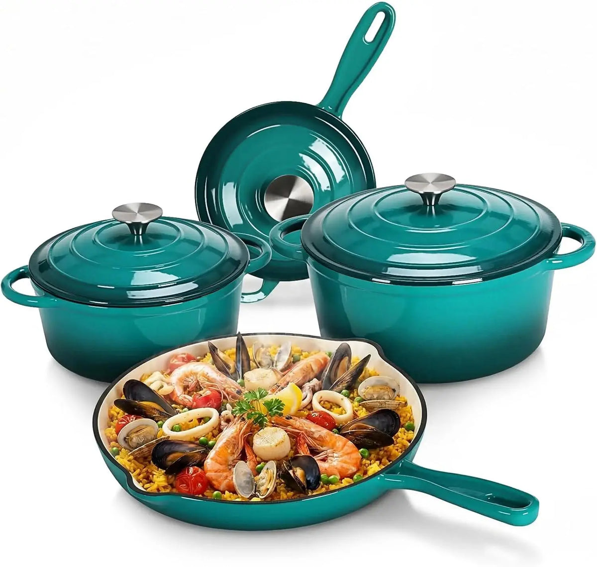 Set di Pentole in Ghisa Smaltata Antiaderente, 7 Pezzi, Set di Pentole e Padelle per Gas/Induzione, Senza PFOA e PFAS