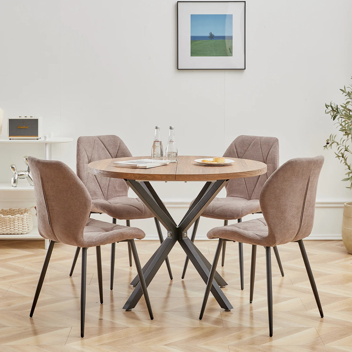 Tavolo da pranzo rotondo in stile nordico EGOONM, 100 cm, piano in MDF, gambe in metallo nero, ideale per sala da pranzo, cucina e arredamento della casa.