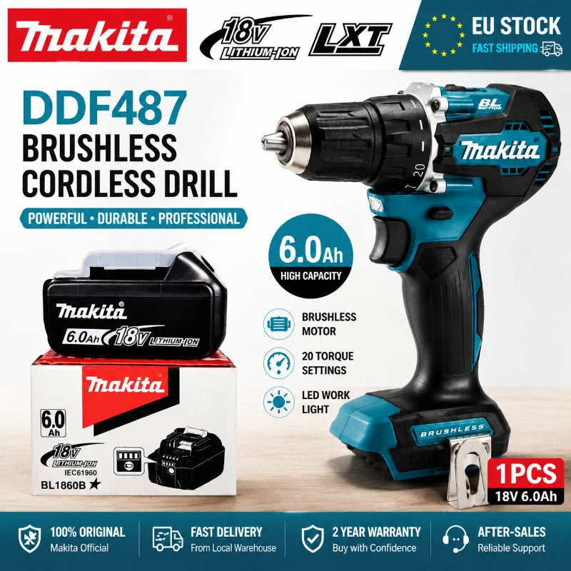 Trapano Avvitatore a Batteria Makita 18V LXT Brushless DDF487 10mm ad Alta Coppia + Batteria BL1860B BL1840 - Spedizione Veloce da Magazzino EU