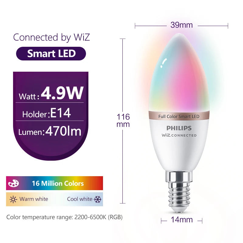 Philips Smart LED 4.9W E14 a lume di candela WiZ Wi-Fi e lampadina Bluetooth 220-240V 16 milioni di lampade dimmerabili satinate a colori CRI90